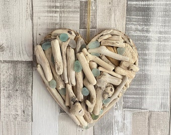 Driftwood and Sea Glass Hanging Heart Coastal Decoration