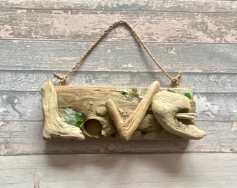 Driftwood and Sea Glass Love Sign - Coastal Decor