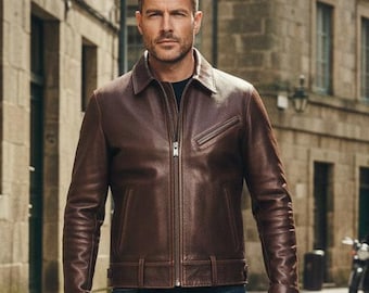 Handcrafted Men's Distressed Leather Cafe Racer Jacket , Vintage Classic Brown-Leather Coat