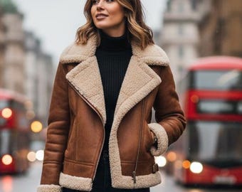Handmade Shearling Aviator Bomber Jacket , Brown Sheepskin Genuine Leather Pilot Jacket for Women