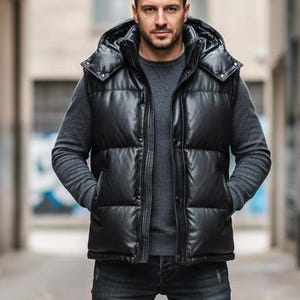 Schwarze ärmellose Jacke mit Kapuze Kugelfisch Herren, handgefertigte gesteppte Jacke aus echtem Lammfell, warmer gepolsterter Mantel