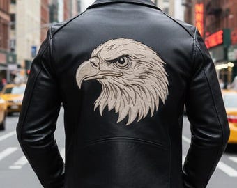 Eagle Embossed Leather Jacket | Men's Black-Leather Biker-Jacket, Beige Eagle Face Moto-Coat, Streetwear-Jacket, Handmade Biker-Gear