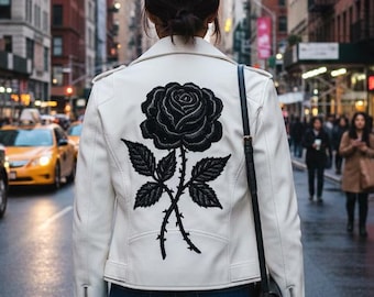 Embroidered White Leather Jacket with Black Rose, Women's Floral Biker-Jacket, Genuine-Leather Moto-Jacket, Custom-Streetwear Gift-for-Her
