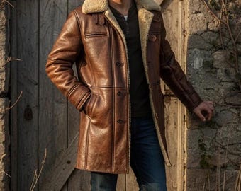 Verontruste bruine leren jas van schapenvacht voor heren | Vintage schapenvachtbontjas, handgemaakt jaren 90 bovenkleding in trenchcoat, luxecadeau
