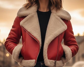Women's Red Leather Shearling Moto-Jacket | Cozy Sheepskin Biker Coat | Cropped Winter Aviator-Jacket