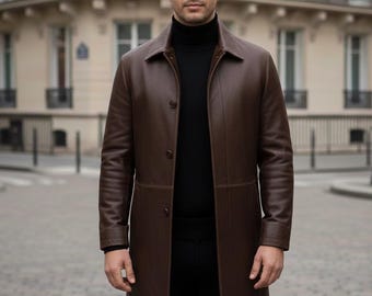 Men's Handmade Brown Lambskin Leather Trench Coat, 90s Vintage