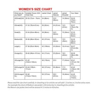 May include: A white and black size chart for women's clothing, detailing chest, sleeve, and waist measurements in inches and centimeters. The chart includes sizes from XXS to XXXXL, with a note about adding extra room for shearling or fur articles.