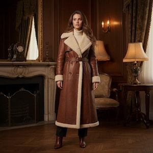 May include: A long, brown leather coat with a cream-colored shearling lining and trim. The coat features a double-breasted design, a belt at the waist, and is worn over a cream-colored turtleneck. The coat is knee-length.