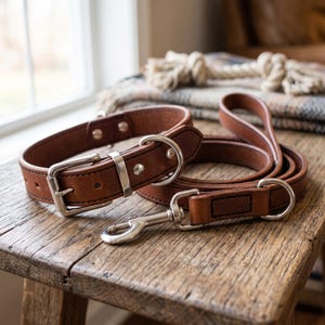 May include: A brown leather dog collar and a matching leather leash with silver-toned metal hardware. The collar features a traditional buckle closure and a D-ring, while the leash includes a sturdy swivel snap hook and a metal ring attachment.