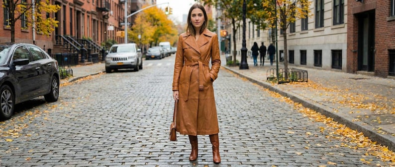 May include: A long, tan leather trench coat with a matching belt and knee-high boots. The coat is worn by a person standing on a cobblestone street. The coat has a classic trench coat design with a collar and pockets. The person is also holding a small brown purse.