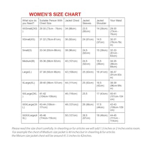 May include: A white and black size chart for women's clothing, detailing chest, sleeve, and waist measurements in inches and centimeters. The chart includes sizes from XXS to XXXXL, with a note about adding extra room for shearling or fur articles.