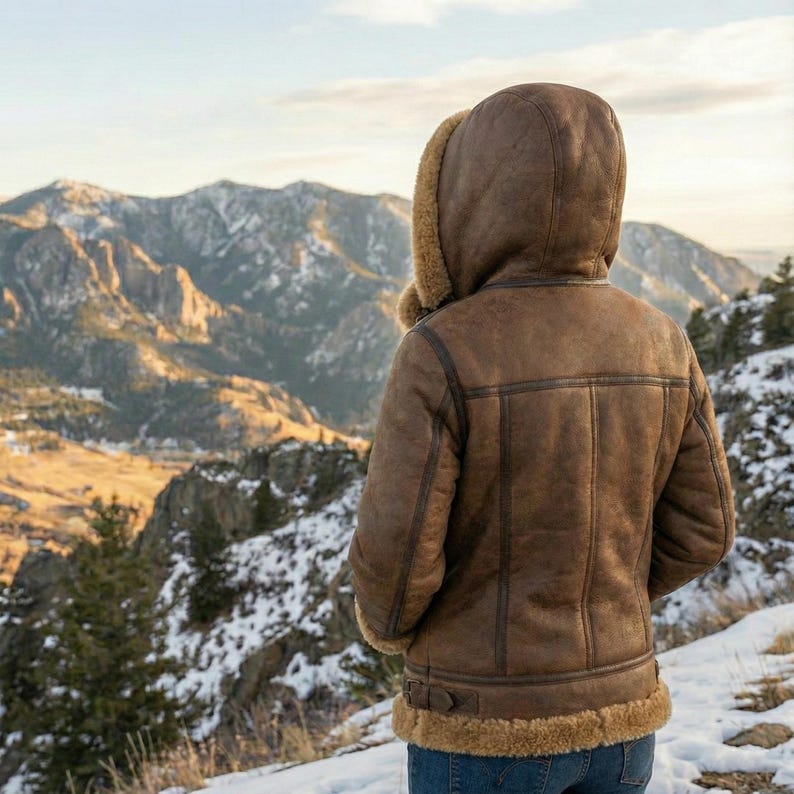May include: A brown shearling jacket with a hood, worn by a person facing a mountain range. The jacket has a leather exterior and a fluffy, light brown interior lining. The person is wearing blue jeans.