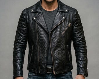 Herren Schlangenlederjacke | Schwarze Python Geprägte Biker-Jacke | Exotisches-Leder Moto-Mantel | Luxus Streetwear | Handgefertigte Lederjacke