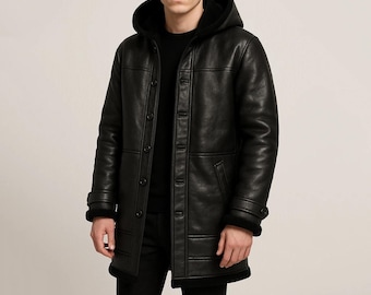 Men's Black Leather-Hooded-Coat Handmade Classic Shearling-Coat Winter-Fur-Jacket Bomber Aviator-Style Sheepskin-Coat Christmas Gift