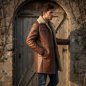 K&ouml;nnte beinhalten: Ein brauner Ledermantel mit Schafsfellkragen und -futter. Der Mantel hat eine Knopfleiste und Taschen. Die Person tr&auml;gt eine blaue Jeans. Der Mantel ist ein klassisches Kleidungsst&uuml;ck f&uuml;r den Winter.