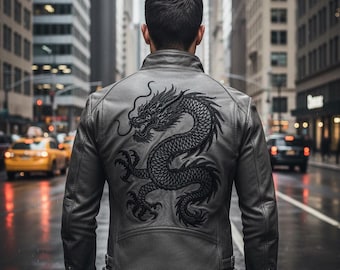 メンズ ブラックレザー ドラゴン刺繍 バイカージャケット - レッド刺繍