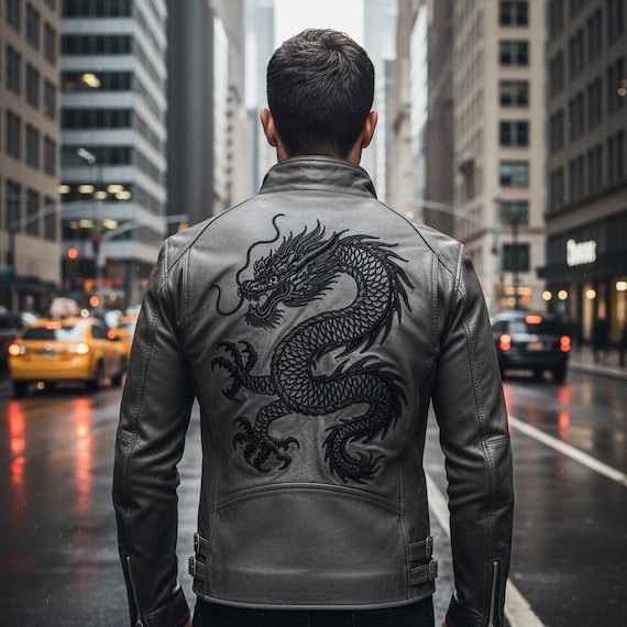 Grey Leather Jacket for Men with Black Dragon Embroidery, Stand-Up Collar Real-Leather Biker-Jacket, Urban-Streetwear