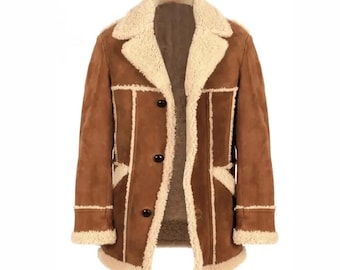 Vintage bruine suède-bontjas handgemaakte heren shearling trenchcoat jaren 90 stijl schapenvacht kerstcadeau