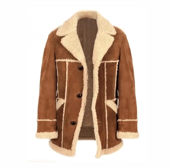 Vintage Brown Suede-Fur-Coat Handmade Men's Shearling Trench-Coat 90s Style Sheepskin-Coat Christmas Gift
