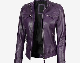 Women's Purple Leather Biker Jacket , Handmade Genuine Lambskin Bomber Style