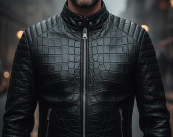 Handgefertigte schwarze Krokodillederjacke für Herren, antiker Alligator-Texturmantel