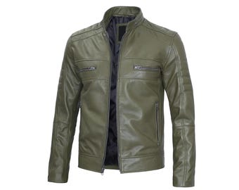 Handcrafted Green Leather Cafe Racer Jacket , Handmade Men Biker Style Slim Fit
