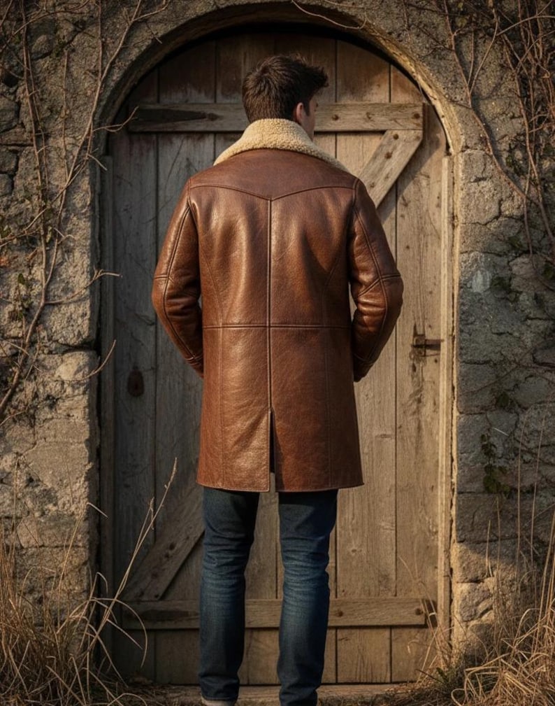 K&ouml;nnte beinhalten: Ein brauner Ledermantel mit cremefarbenem Shearling-Kragen. Der Mantel ist knielang und hat ein klassisches Design. Die Person tr&auml;gt eine blaue Jeans. Im Hintergrund eine Holzt&uuml;r und eine Steinmauer.