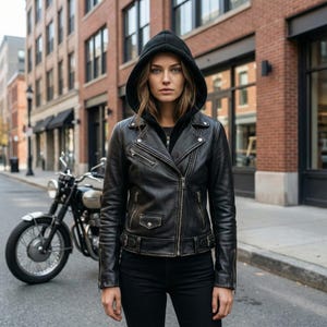 May include: A black leather motorcycle jacket with a classic asymmetrical zipper design. The jacket features a notched collar, multiple pockets, and a belt detail at the waist. The model is wearing a black hooded sweatshirt underneath. A motorcycle is parked in the background.