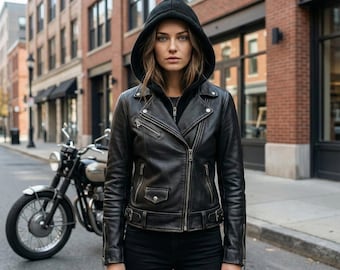 Women’s Hooded Leather Jacket - Black-Biker Moto-Coat with Removable-Hood - Ladies Slim-Fit Streetwear - Zippered Motorcycle Outerwear