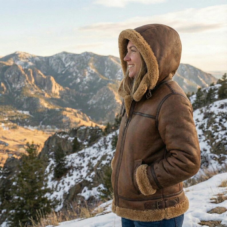 May include: A brown leather jacket with a hood lined with tan fur. The jacket has a zipper closure, pockets, and a belt at the waist. The person is standing on a snowy mountain with a mountain range in the background.