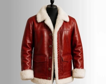 Herren Rot Leder Shealing-Mantel Handgefertigte Echt-Leder Santa-Jacke Klassischer Pelzmantel Weihnachtsgeschenk