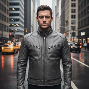 K&ouml;nnte beinhalten: Graue Lederjacke mit Rei&szlig;verschluss und zwei Brusttaschen. Die Jacke hat einen Stehkragen. Die Person tr&auml;gt die Jacke auf einer Stadtstra&szlig;e. Der Hintergrund umfasst Geb&auml;ude, Autos und eine nasse Stra&szlig;e.
