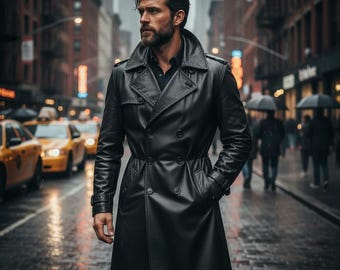 Handgefertigter Herren Trenchcoat aus schwarzem Leder, klassischer Langmantel aus echtem Leder