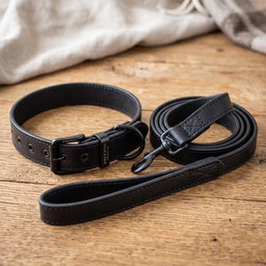 Black Leather Dog Collar | Leather Dog-Leash Set | Luxury No-Pull Pet-Collar | Heavy-Duty Leather-Leash