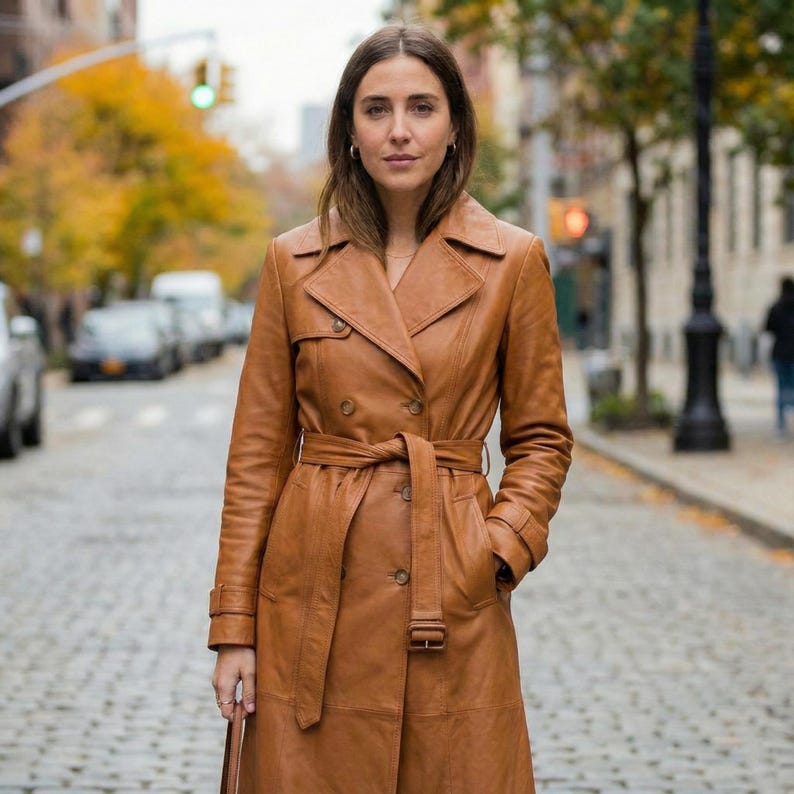 May include: A brown leather trench coat with a double-breasted design, a belt, and buttoned cuffs. The coat is knee-length and has a classic lapel collar. The model is standing on a cobblestone street.
