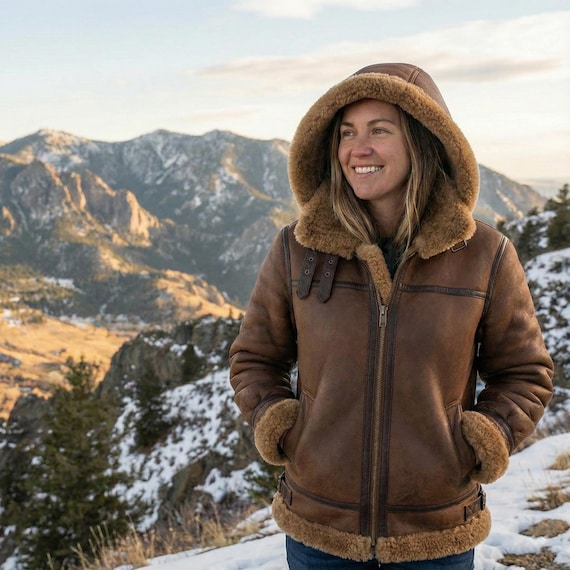 Women’s Brown-Shearling Leather-Jacket with Hood – Handmade B3-Aviator Bomber-Coat – Warm Winter Sheepskin-Outerwear – Gift for Her