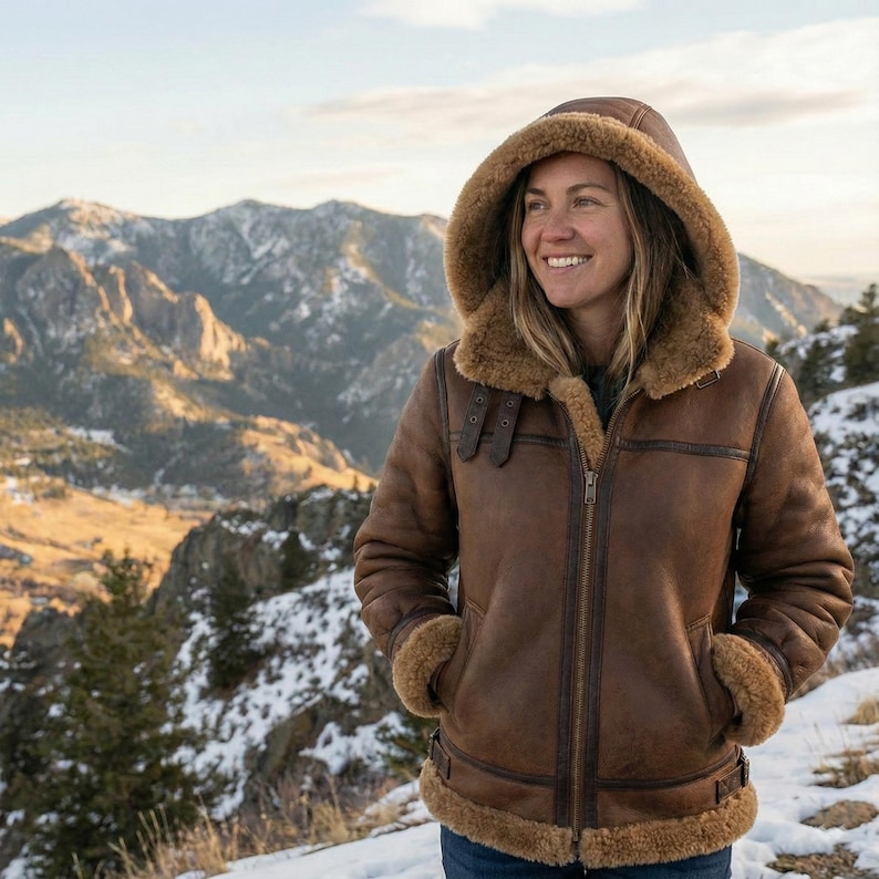 May include: A brown shearling jacket with a hood and a zipper closure. The jacket has a warm, fuzzy lining and trim around the hood and cuffs. The jacket is worn outdoors with a mountain backdrop.