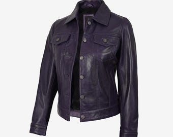 Chaqueta de cuero morado para mujer, estilo motero vintage de piel de cordero auténtica, hecha a mano.