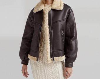 Handmade Shearling Aviator Pilot Jacket , Brown Sheepskin Genuine Leather Bomber Jacket for Women