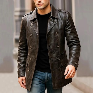 Blazer de cuero vintage marrón de los años 90 para hombre, abrigo cruzado desgastado, blazer clásico de cuero hecho a mano, regalo de Navidad para él.