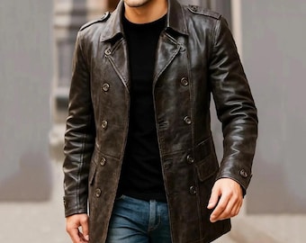 Jaren 90 bruine vintage leren blazer heren double-breasted distressed jas handgemaakte klassieke leren blazer kerstcadeau voor hem