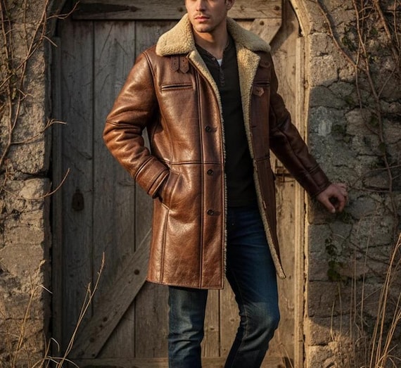 Distressed Brown Leather Shearling Coat for Men | Vintage Sheepskin Fur-Jacket Handmade 90s-Trench-Style Outerwear Luxury-Gift