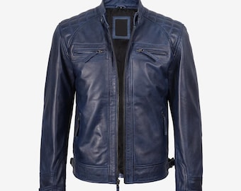 Handgefertigte Bikerjacke aus Lammleder, Herren Slim Fit Blue Cafe Racer