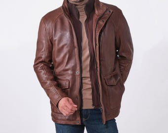 Vintage Brauner Leder Feldmantel mit Abnehmbarer Innenlatz - Echte-Distressed-Lederjacke für Herren - Robuste Winter Bikerjacke