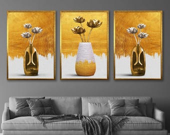 ゴールドフレームの抽象的な植物プリント：モダンな幾何学的な植物の壁