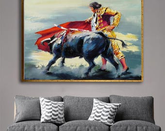 Bullfighter with Red Cape Canvas, Matador Wall Art, Spanish Bullfighting Abstract Art Canvas, Dramatic Home Decoration Framed Wall Art