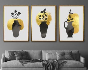 ゴールドフレームの抽象的な植物プリント：モダンな幾何学的な植物の壁