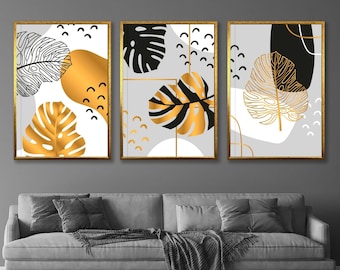 ゴールドフレームの抽象的な植物プリント：モダンな幾何学的な植物の壁