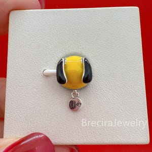 May include: A yellow and black charm with a dog face design. The charm has a silver-colored bail and a small, round tag with the word "Pluto" engraved on it. The charm is displayed on a white card.
