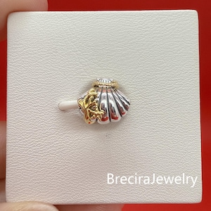 Pode incluir: Um berloque de concha prateado com um detalhe de coral dourado e um detalhe de corda dourada ao longo da borda superior. O berloque é exibido em um cartão quadrado branco com o texto BreciraJewelry impresso no canto inferior direito.